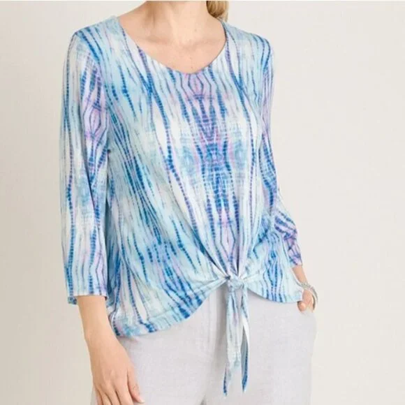 Chico's Tie Dye T Shirt Blouse Tie Front WaterColor Blue Purple NWT Large - Picture 9 of 12